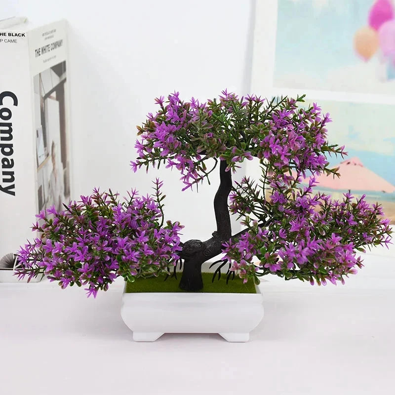 Green Outdoor Plastic Artificial Magnoliopsida Small Floral Bonsai Tree Plants-Rectangle Pot