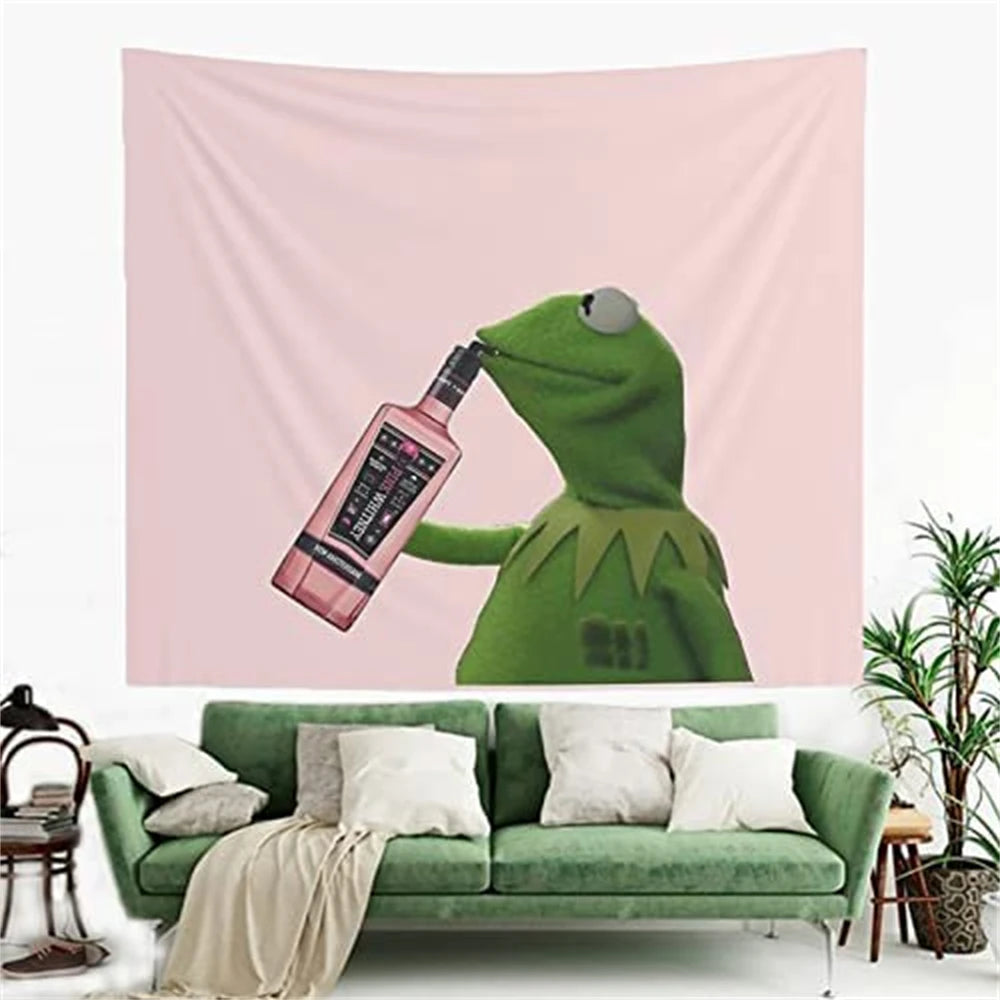 Polyester Pink Background Funny Cartoon Green Kermit The Frog Muppet Holding A Water Bottle Drinking With A Straw Wall Hanging Tapestries
