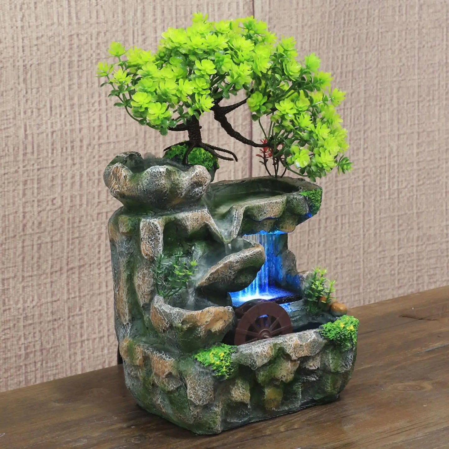 Indoor LED Lights Resin Green Bonsai Tree Rocky Mountain Landscape Brown Wheel Flowing Waterfall Tabletop Fountains/Built-In Automatic Pump