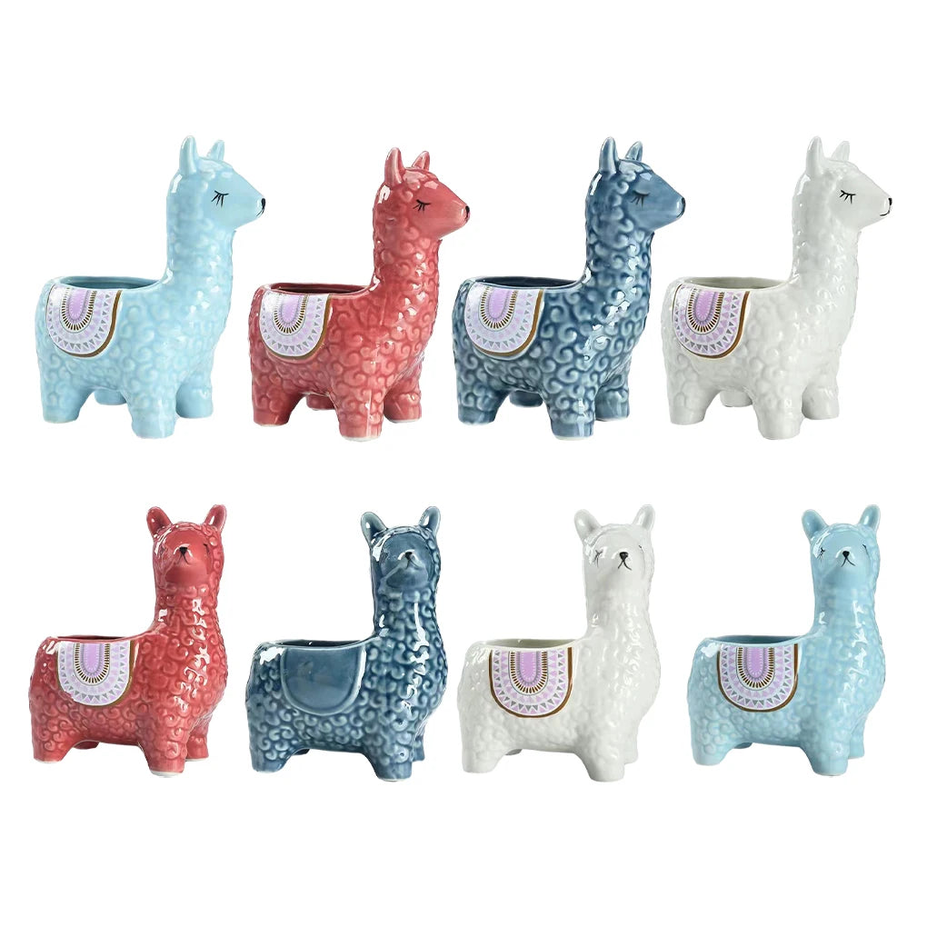 Home Garden Indoor Multicolor Cute Ceramic Alpaca Animal Shape Mini Succulent Planter Pots/Colors-Geometric/Multicolor/Blue/Animals