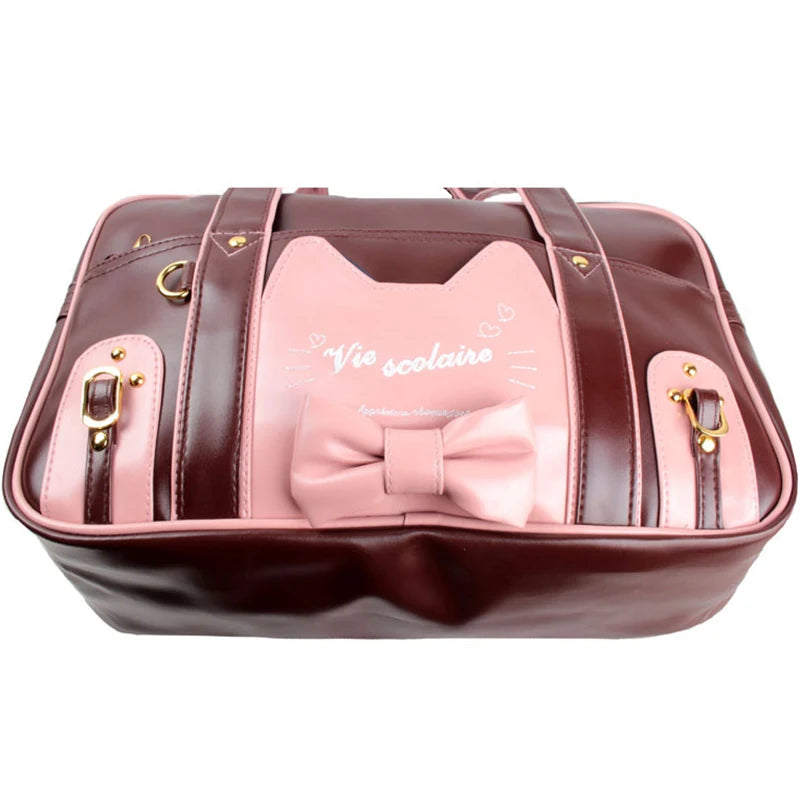 Sweet Lolita Girls Cute Kawaii Cat Bowknot Shoulder Polyester Briefcase Bags/Handle/Colors-Pink/Brown