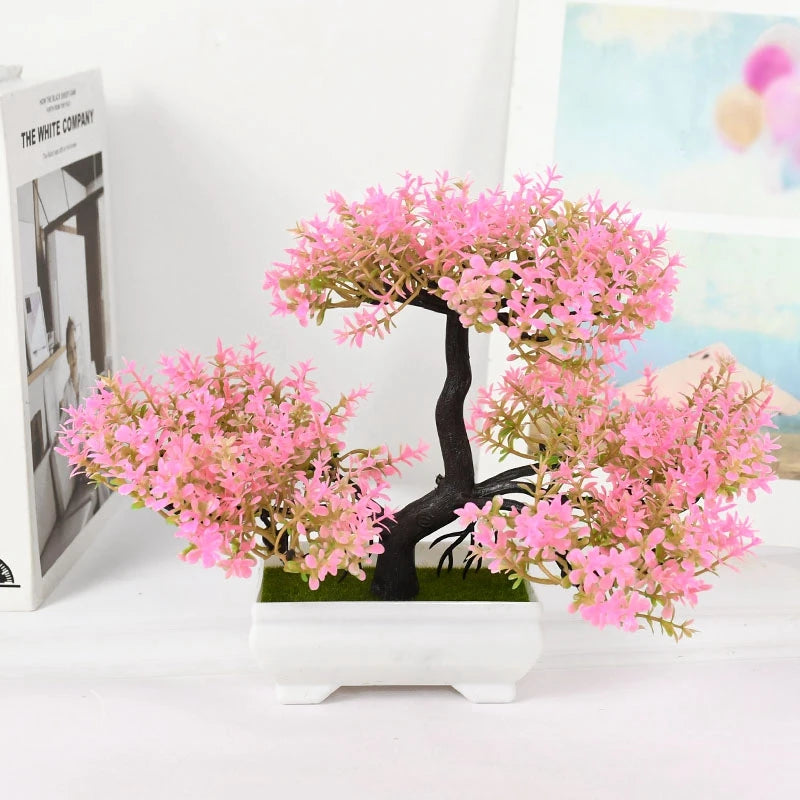 Artificial Small Bonsai Plastic Non-Flowering Plant-Rectangle Flower Pot/Colors-Floral/Green/Black/Pink