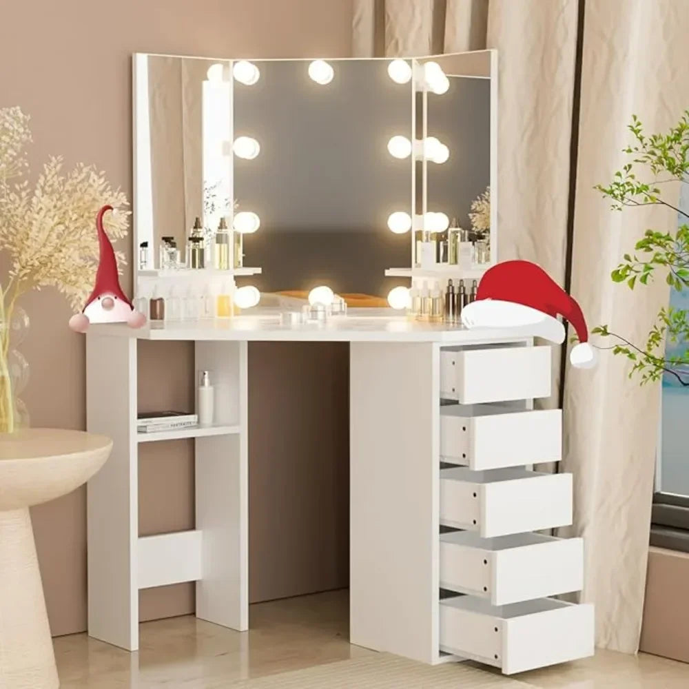Modern Corner Wood Lighted Mirrored Women Make-Up Vanity Desk /Drawers/Colors-White/Brown/Gray