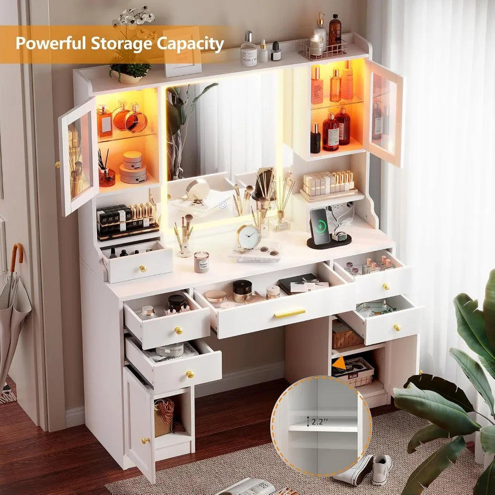 White LED Lighted Mirrored Vanity Desk w/3 Lighting Modes/ 2 USB Ports, Plug Outlet w/Built-In Charging Station