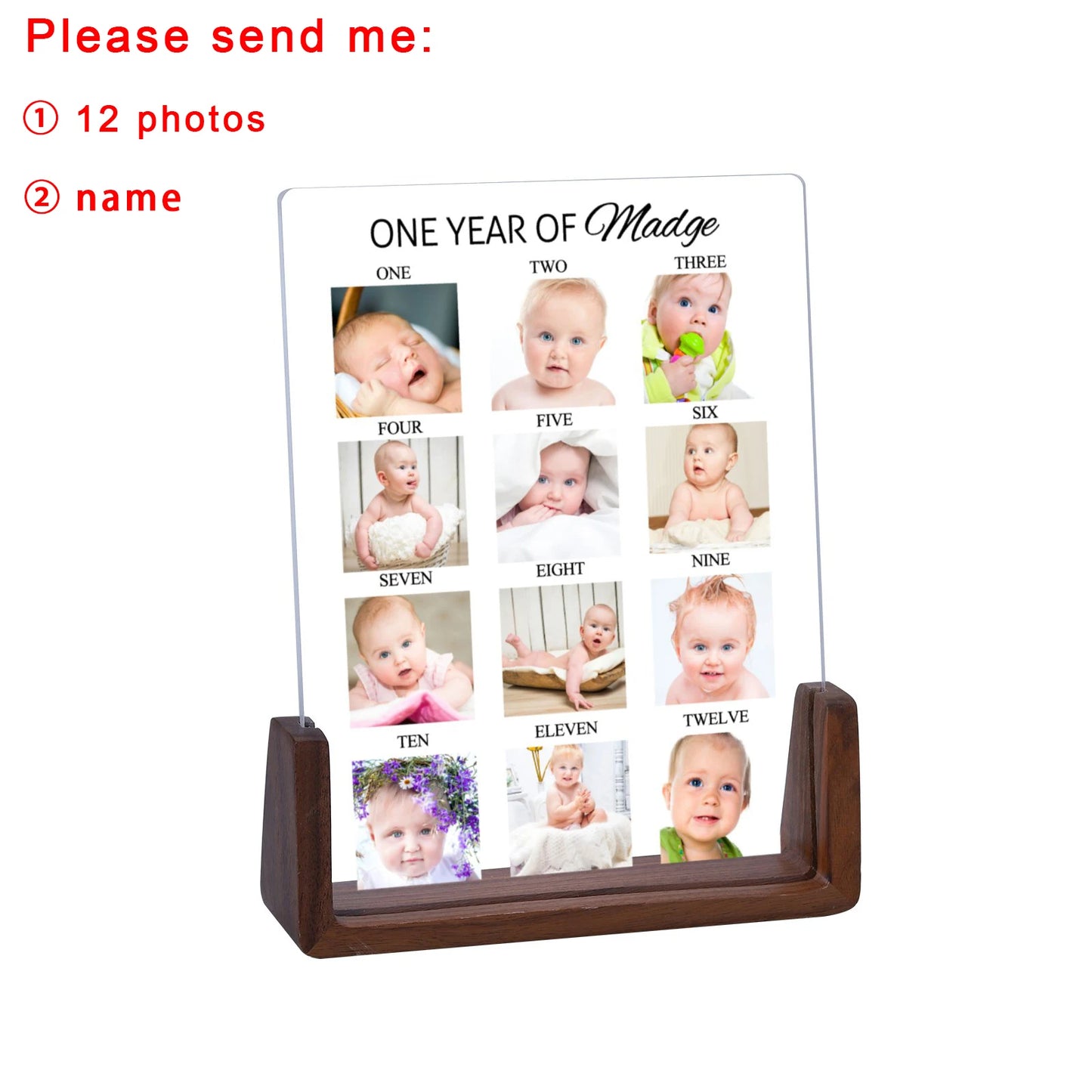 Customized Wood Base Clear Acrylic Plate Rectangle Newborn Babies First Year 12 Photo-Babies Name Display Frames/Colors-Brown/Beige/Clear