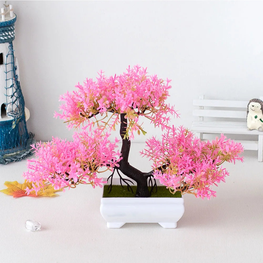 Small Artificial Plastic Non-Flowering Magnoliopsida Bonsai Tree Rectangle Pot/Colors-Orange/Green/Purple/Pink