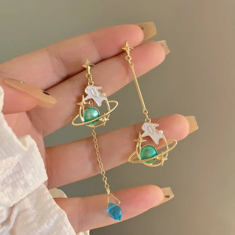 Women-Teen Girls Metal Long Tassel Asymmetrical Enamel Needle Cute Cartoon Cats Coffee-Teacup Dangle Drop Fine Imitation Earrings/Colors-Green/Multicolor/Geometric/Animals