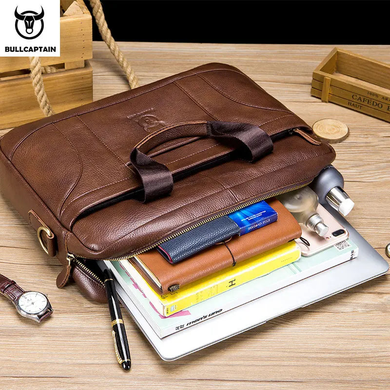 BULLCAPTAIN Cow Leather Shoulder Zipper Briefcase Bags/External Slit Pockets//14 inch Laptop Compartment /Detachable Handle/Straps/Colors-Black/Brown