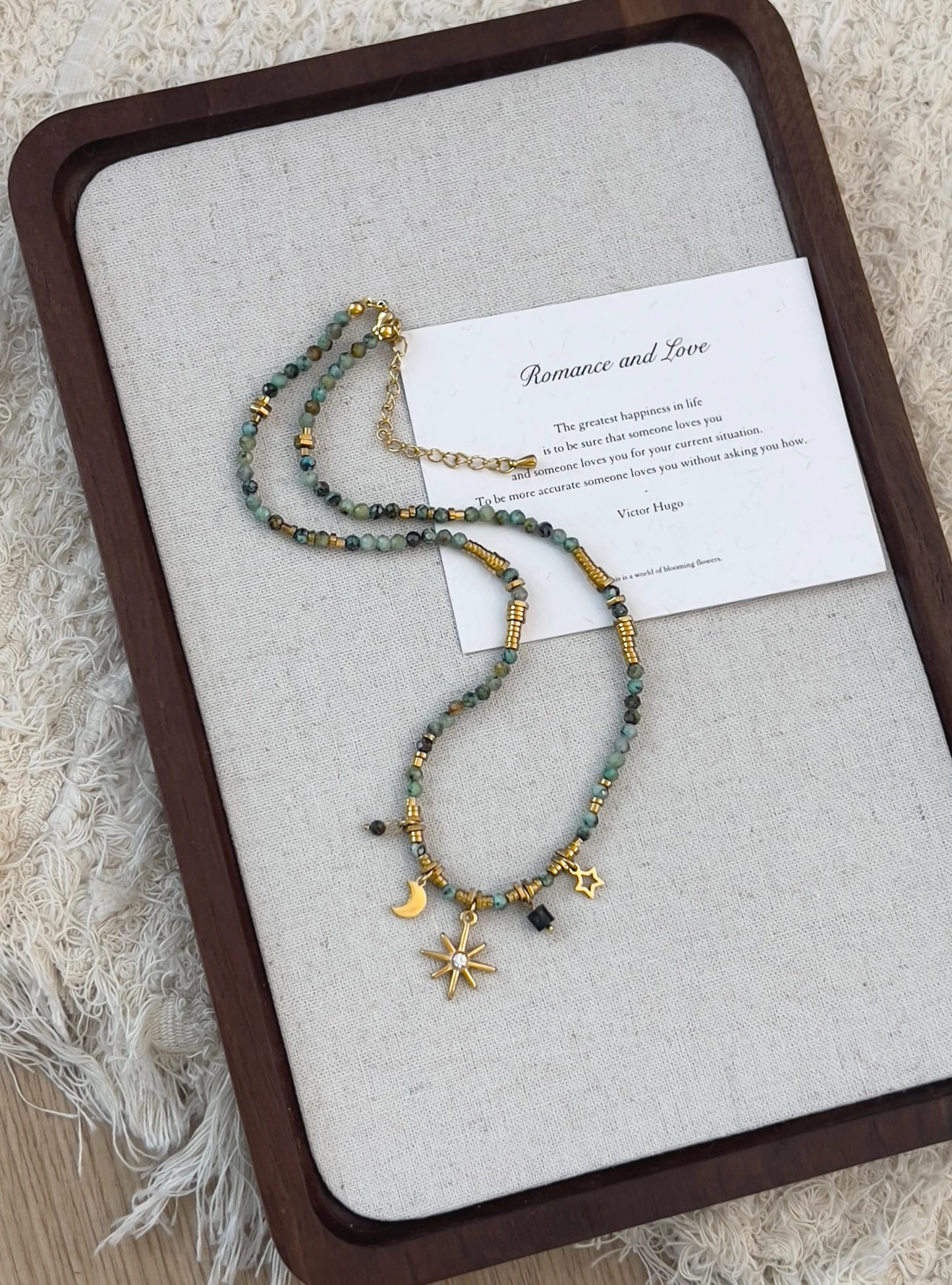 Peri's Box Adult Women Imitation Vintage Green Natural Stone Beaded Pendant Half Moon-Sun-Star Gold-Colored Metal Charm Necklaces/Colors-Gold/Green/Multicolor/Geometric