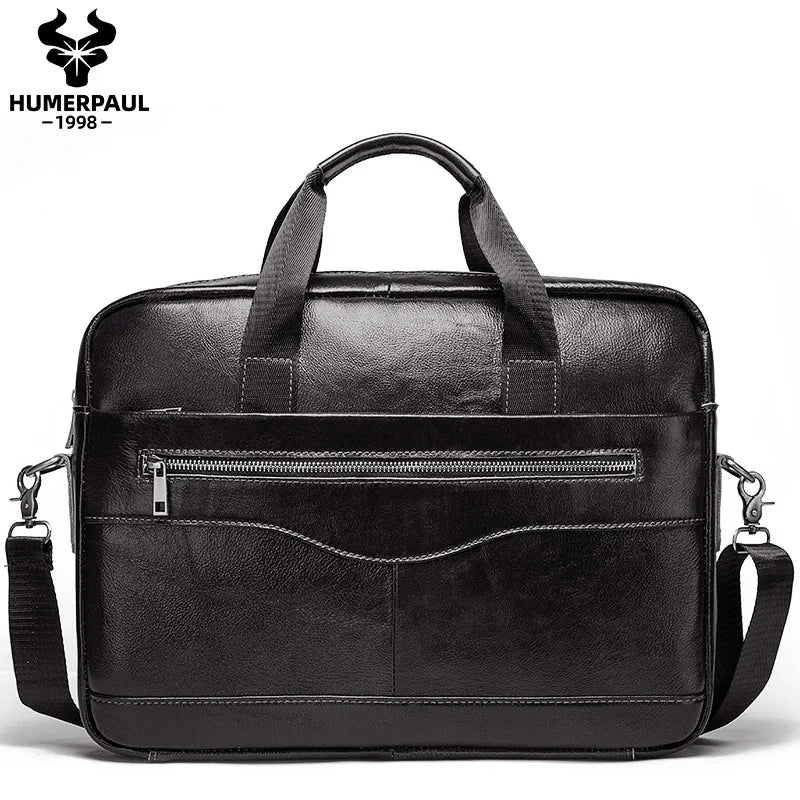 HUMERPAUL Men Modern Brown-Black Rectangle Cowhide Leather Metal Zipper External Pockets Polyester Lining Built-In 15 Inch Laptop Compartment Two Soft Handles-One Shoulder Strap Business Briefcases