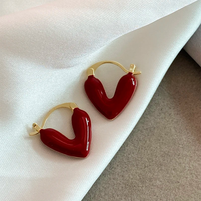Women Imitation Red Wine Enamel Heart Shaped Tear Drop Gold Copper Earrings