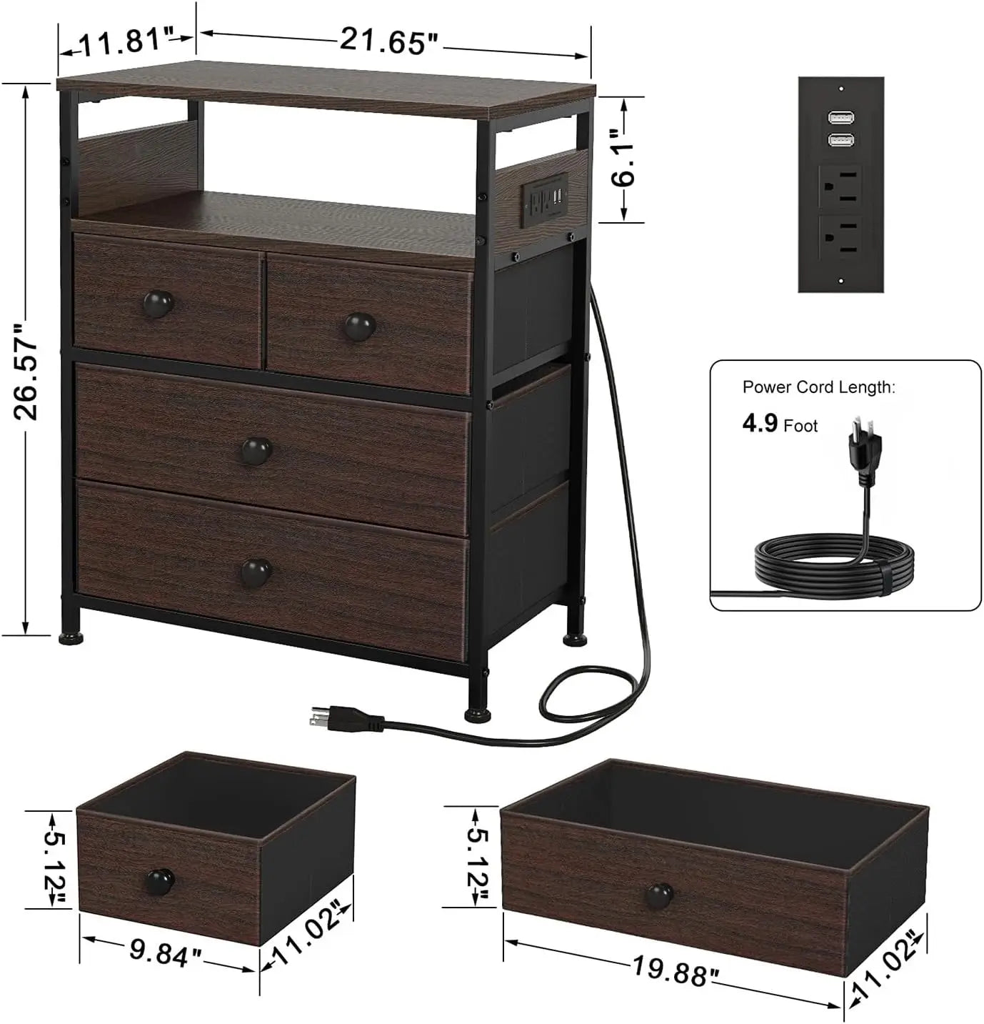 Wood Rustic Brown Nightstands/Charging Station / 4 Drawers /2-Tier Shelves