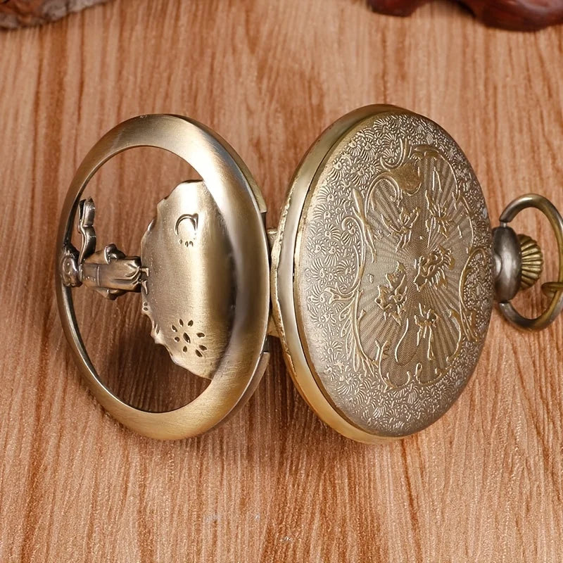 RUNERR Adults Vintage Imitation Quartz Analog Display Bronze Hollow-Out Round Shaped Metal Case Cartoon Little Prince Design Pendant Chain-Pocket Watches