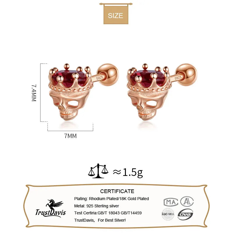 TrustDavis Real 925 Sterling Silver Man/Women Red Zircon Crown Skull Head Screw Stud Earrings for Girls Party Jewelry DF2028
