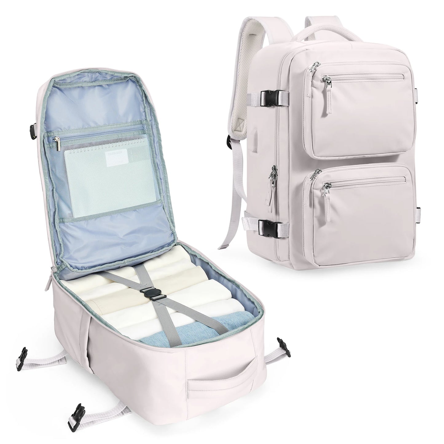 Waterproof Large Travel Nylon Backpack Bags/Detachable Handles-Straps/Multi-Pockets/USB Charger Port/Power Bank-Cable/Laptop Pocket/Colors-Green/Black/Gray/Anti-Theft Pocket