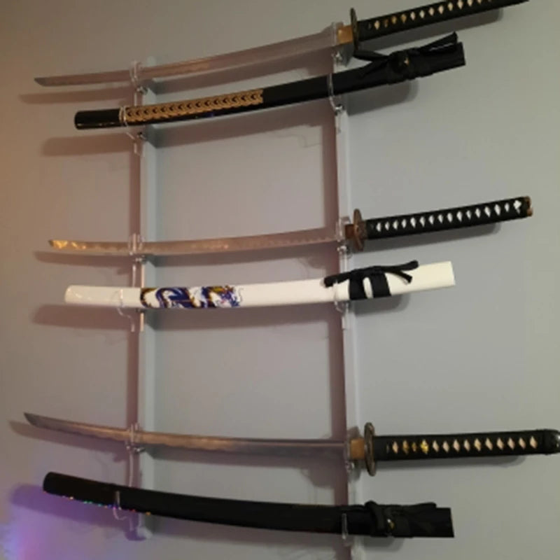 Black-Clear Color Metal Wall Mounted Non-Folding Plastic-Acrylic Double Tier Sword Holders/Medium Size Katana Swords/Sword Size:19.5x8.5cm/7.70x3.40in