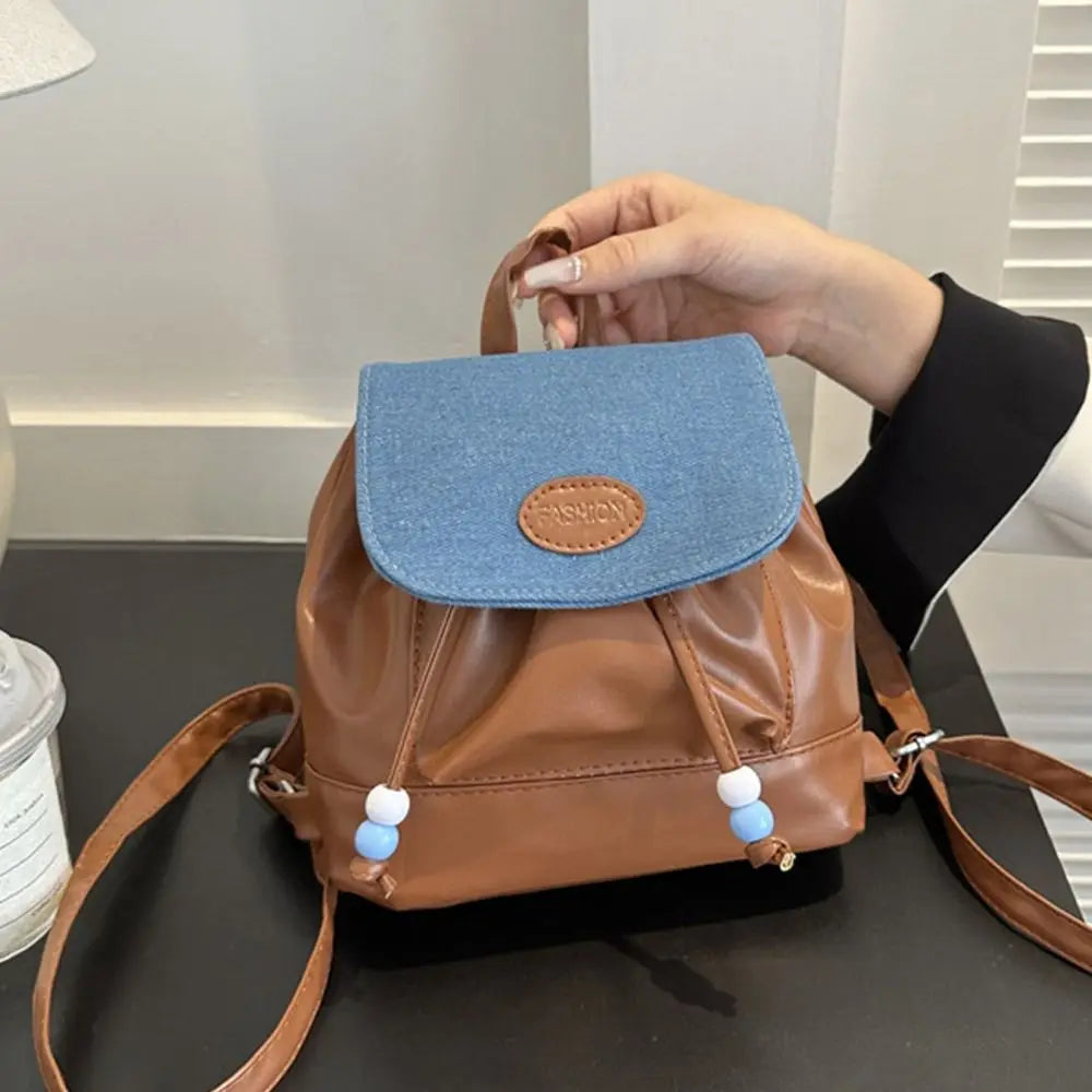 Women Small Retro Faux Leather Handheld Handle Soft Zipper Backpacks/Exterior Flap Pocket/Shoulder Straps/Interior Drawstring/Colors-Silver/Black/Brown/White