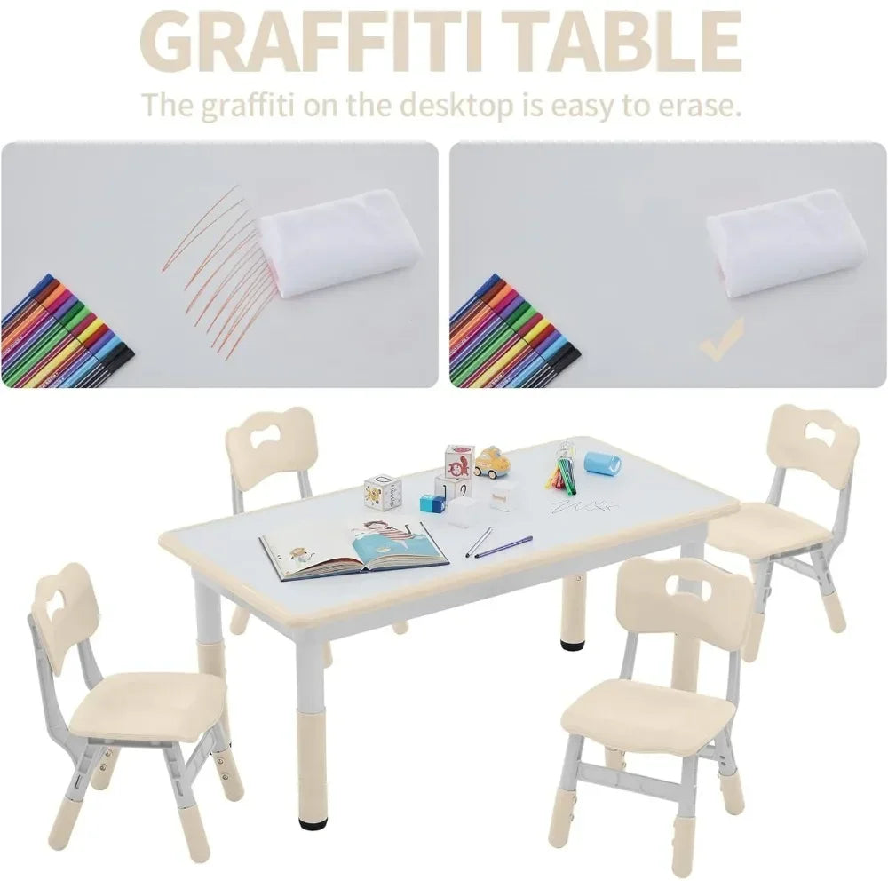 4 pcs White HDP Rectangle Toddler Height Adjustable Table/ 4 Chairs Set/Colors-Beige/White
