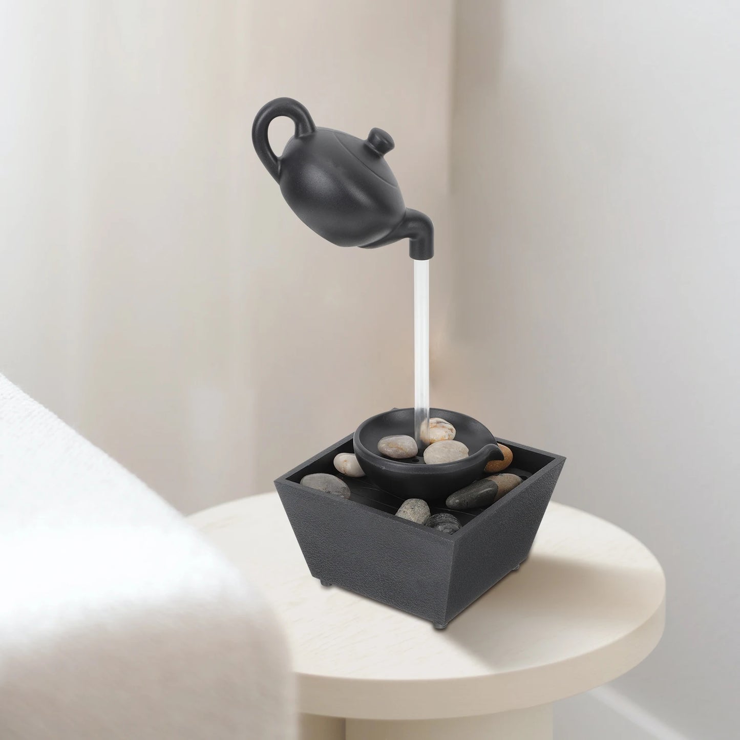 Fengshui Black Plastic Electric Suspended Teapot Desktop Water Fountain/2-AA Batteries Not Included