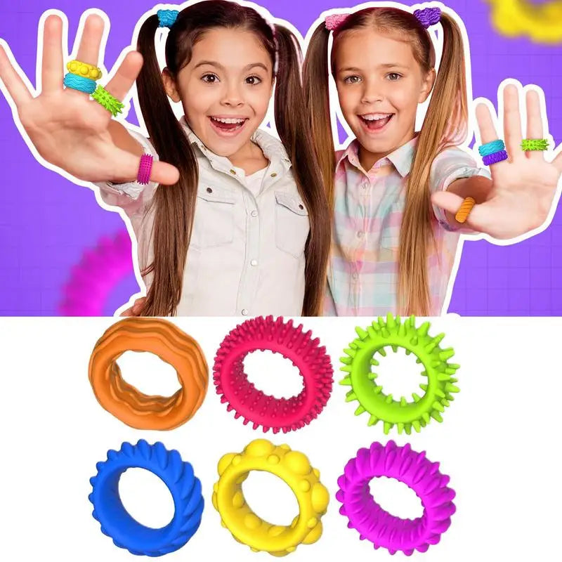 6 PCS Set Non-Toxic TPR Flexible Stretchy Silicone Spiky Sensory Rings Finger Ant-Stress Rings Fidget Toys/Colors-Multicolor/Orange/Geometric /Ages: 13-18 + Years Older