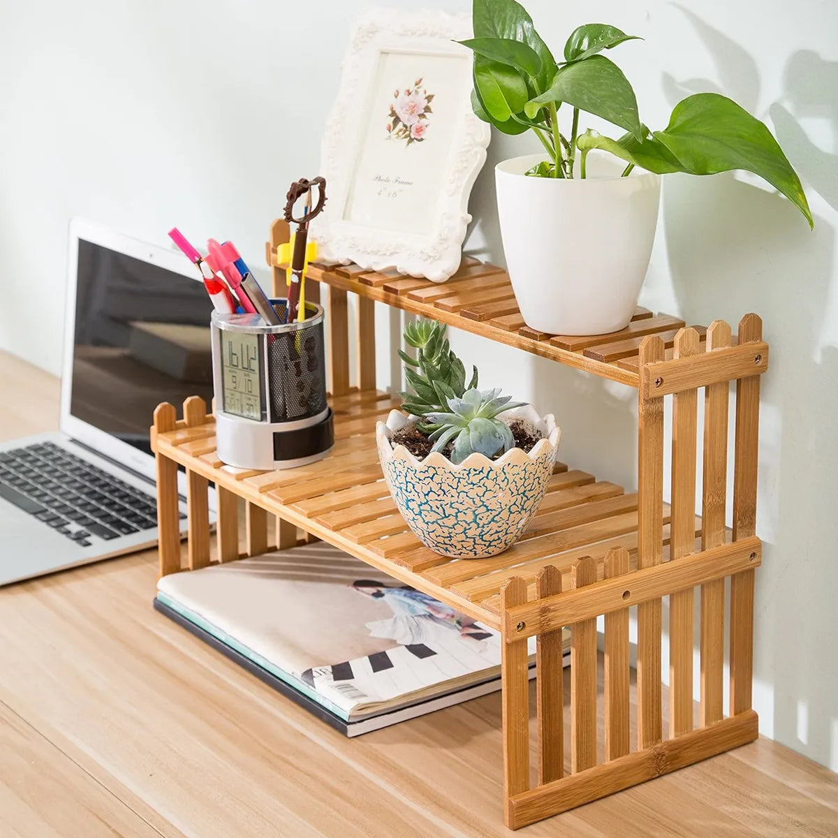 1/2-Tier Multifunction Brown Bamboo Table Top Stand w / 2 Slatted Shelves
