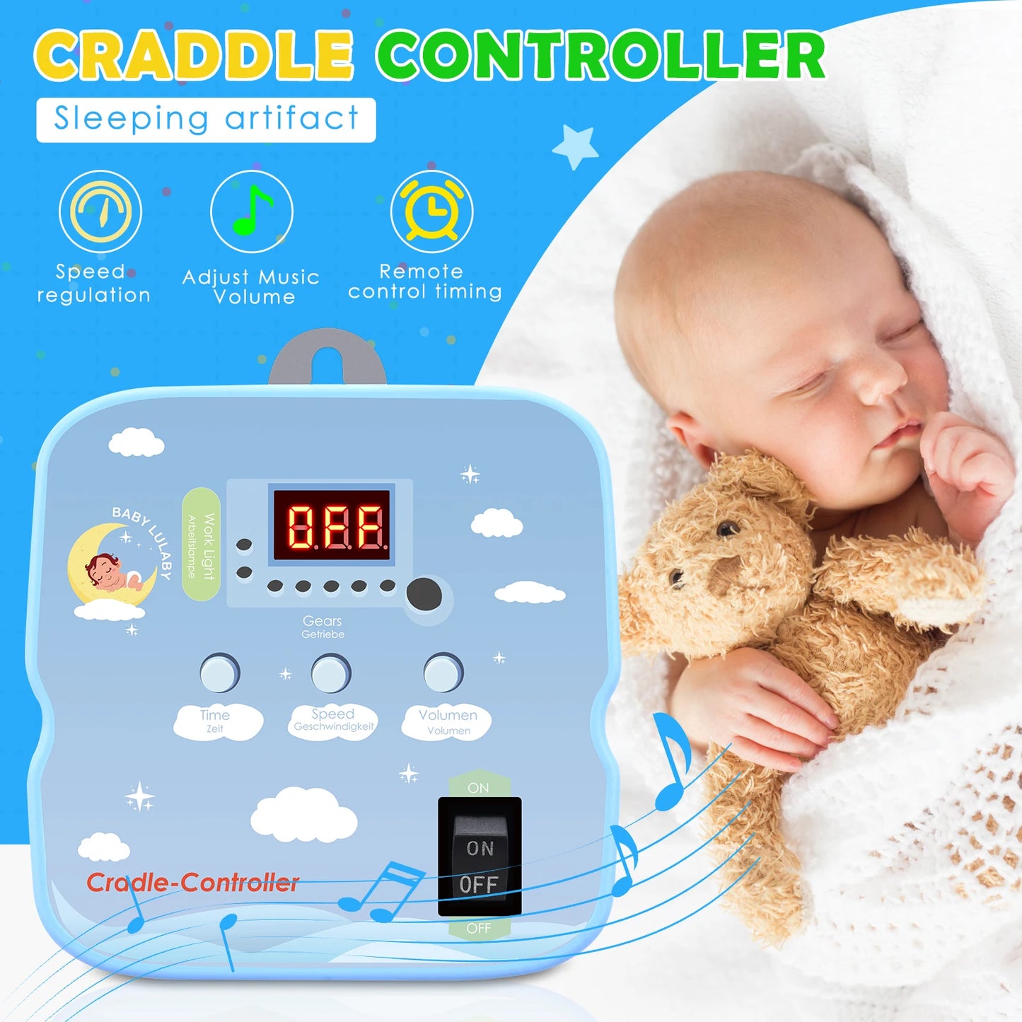 Blue Plastic Digital Display 9-Level Speed Hands-Free Rocking Electric Baby Swing Cradle Controllers/1-Spare Rope /2-Adjustable Springs /3-Metal Buckles/ Baby Lullaby Music/Time/Hook-Up/Remote Control/Power Cable/On-Off Switch