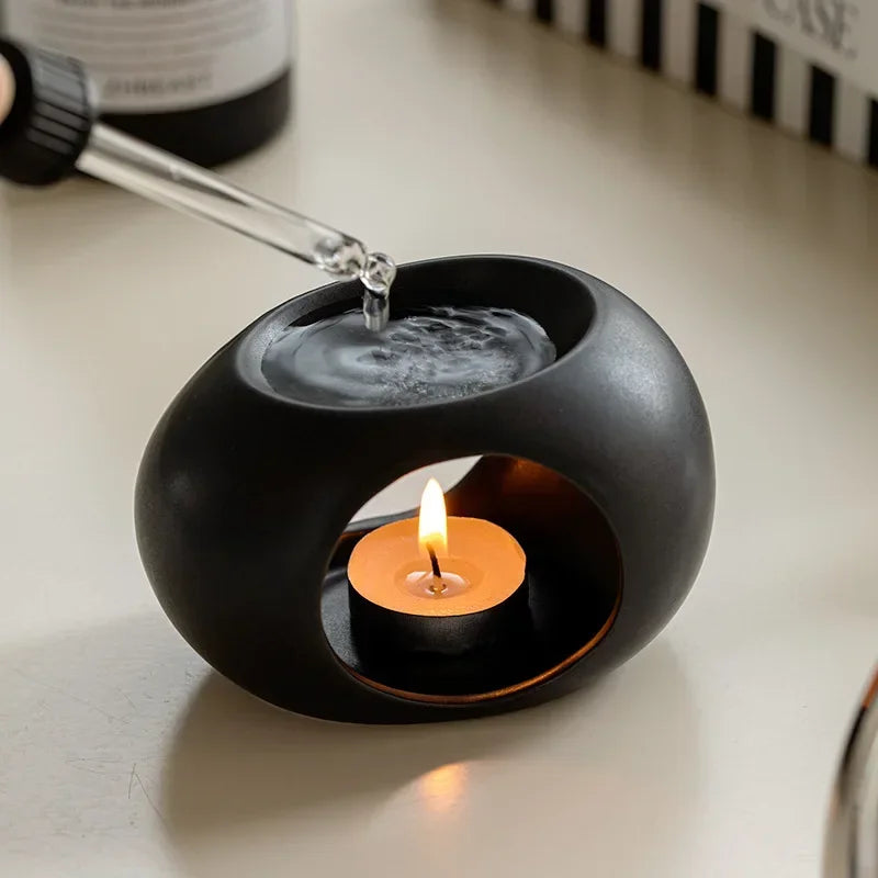 PDQ Modern Ceramic Black Speckled Dots-White Round Shaped Heating Aromatherapy Oil Plate Hallow-Out Tea Light Candle Holders