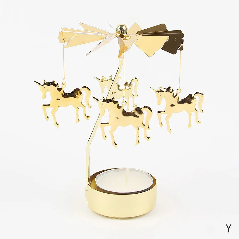 Gold Stainless Steel Metal Rotating Carousel Deer-Snowflake Small Tealight Candleholders