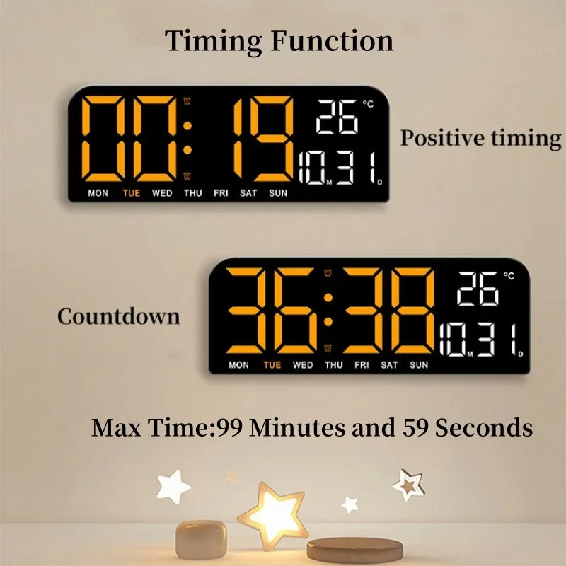 Creative HD Screen Black Abstract Rectangle Wall Mounted LED Auto-Dimmer-Light-Sensing Plastic Digital Adjustable Brightness 12-24H Switching Two Alarm Clocks/Temperature/Date/Time