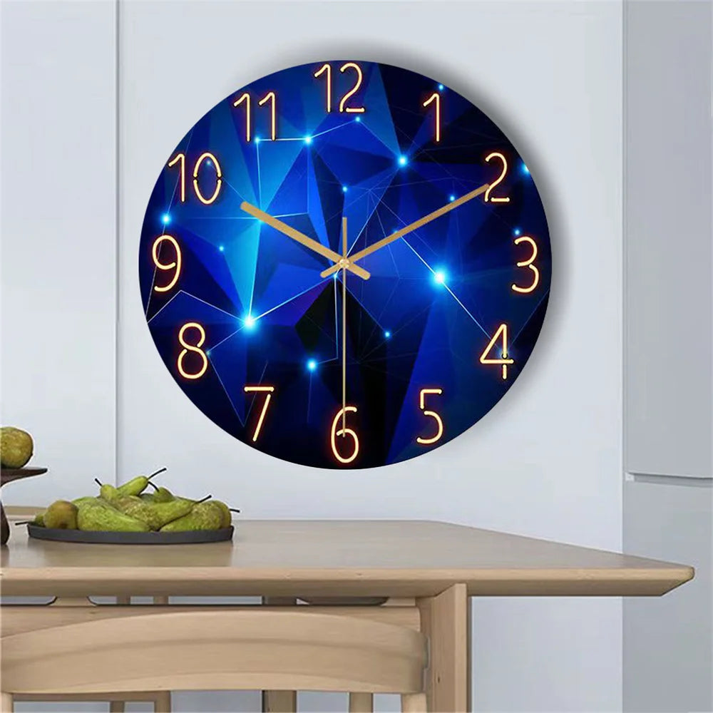 Large Frameless Geometric Single-Face Elements Dark Blue Thickened Tempered Glass Silent Movement Crystal Quartz Wall Clocks