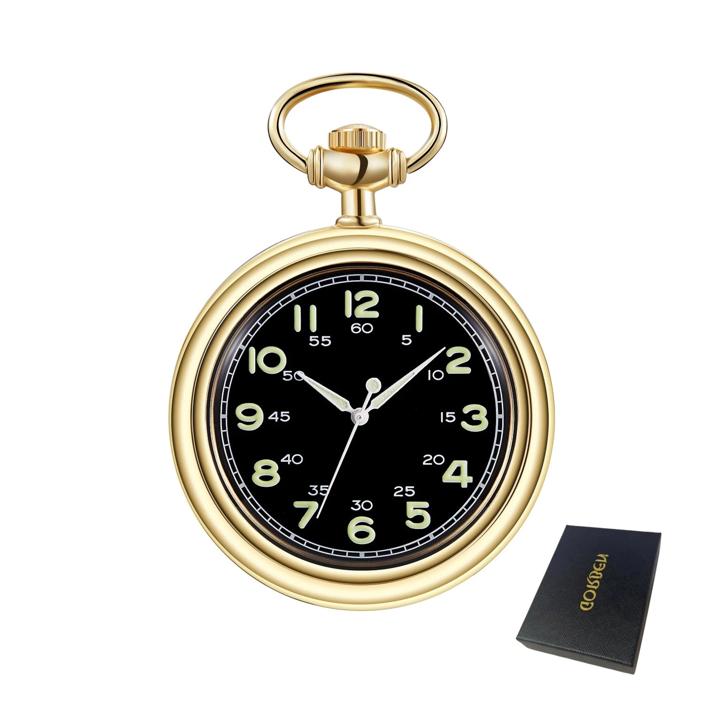 GORBEN Adults Gold Metal Alloy Round Hollow Open Face Arabic Numerals Luminous Hand Wind Black Face Glowing-In-Dark Numbers Pendant Chain-Pocket Watches/Colors-Black/Silver/Gold/Optional: With Wood Box-Without