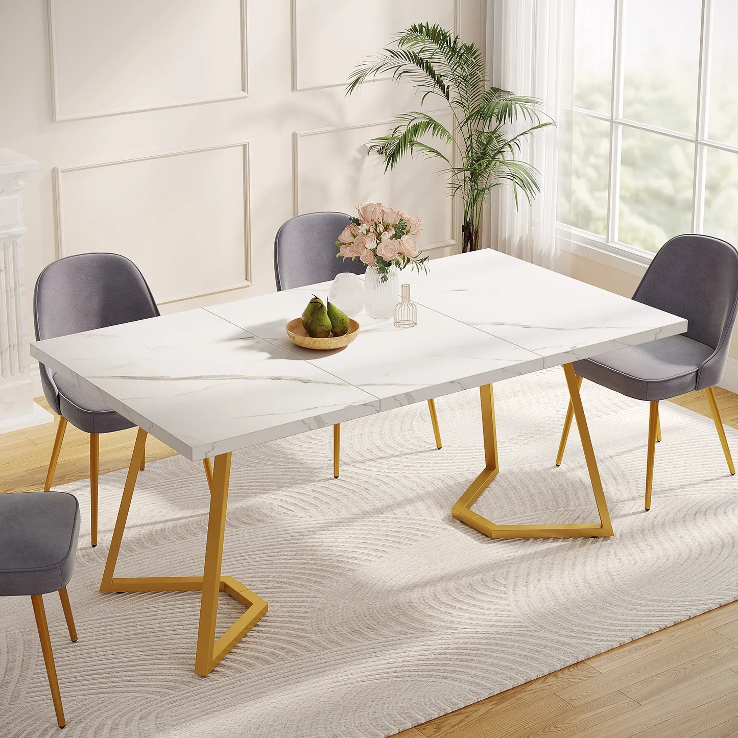 Tribesigns Waterproof Scratch-Resistant Rectangle Modern Dining Table Faux White Marble Table Top w/ Metal Golden Legs/Size: 31.49"D x 55.11"W x 29.52"H
