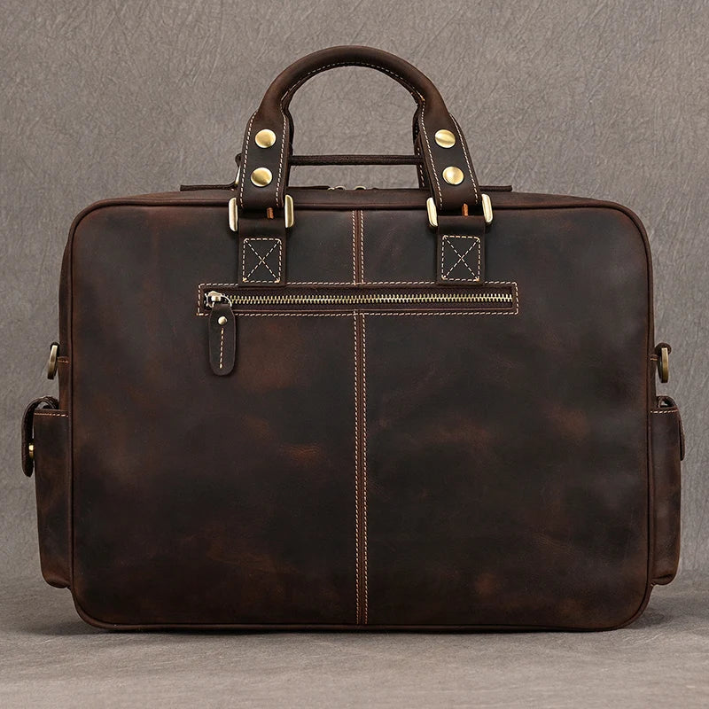 Men Luufan Vintage Zipper Cow Leather Briefcase Bags/Fits 15.6 Inch Laptop/Handles/Shoulder Straps/Single-Laptop Compartments/External Pockets/