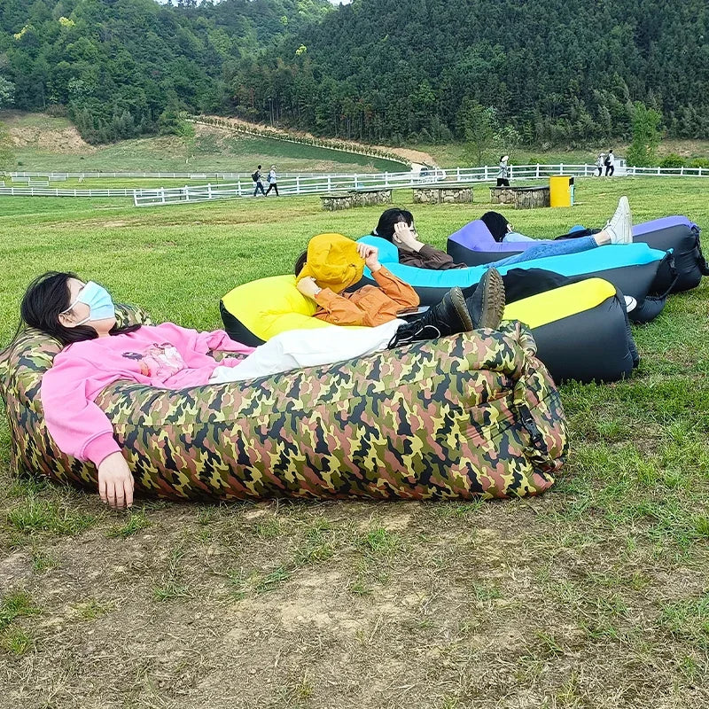 Outdoor Waterproof Inflatable Banana Shaped Oxford Cloth Polyester Fabric Lazy Pillow Air Sofa /Size: 200 x 240x 70cm/Weight Limit 400 kg (881 lbs)/Colors-Blue/Black/Brown/Beige/Gray/Geometric/Green/Multicolor