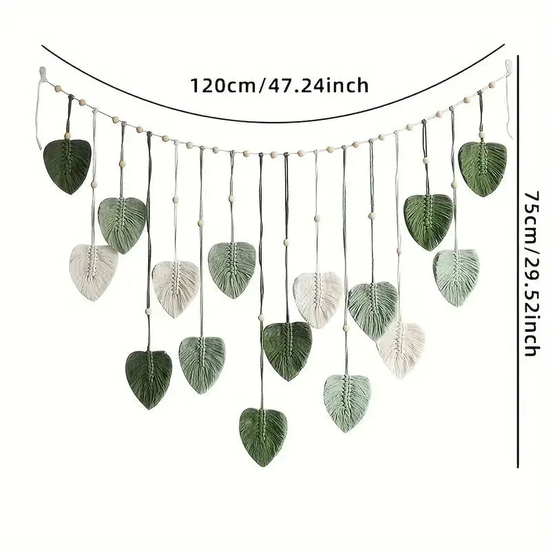 Handmade Boho Fabric Sage Green-Off-White Macrame Leaves Natural Wall Hanging Tapestries/Colors-Green/Brown