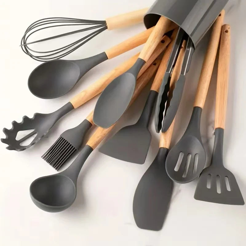 Kitchen 12 PCS Set Heat Resistant Non-Stick Silicone Tips Wood Handles Cooking Utensils-Storage Bucket/Colors-Colors-Green/Red/White/Gray/Pink/Black/Multicolor