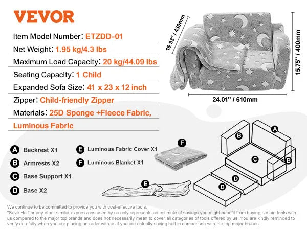 10 PCS VEVOR Kids Gray Geometric Shape High-density 25D Sponge Play Couch/Ages: 18 Months-Older/15 Shape Components