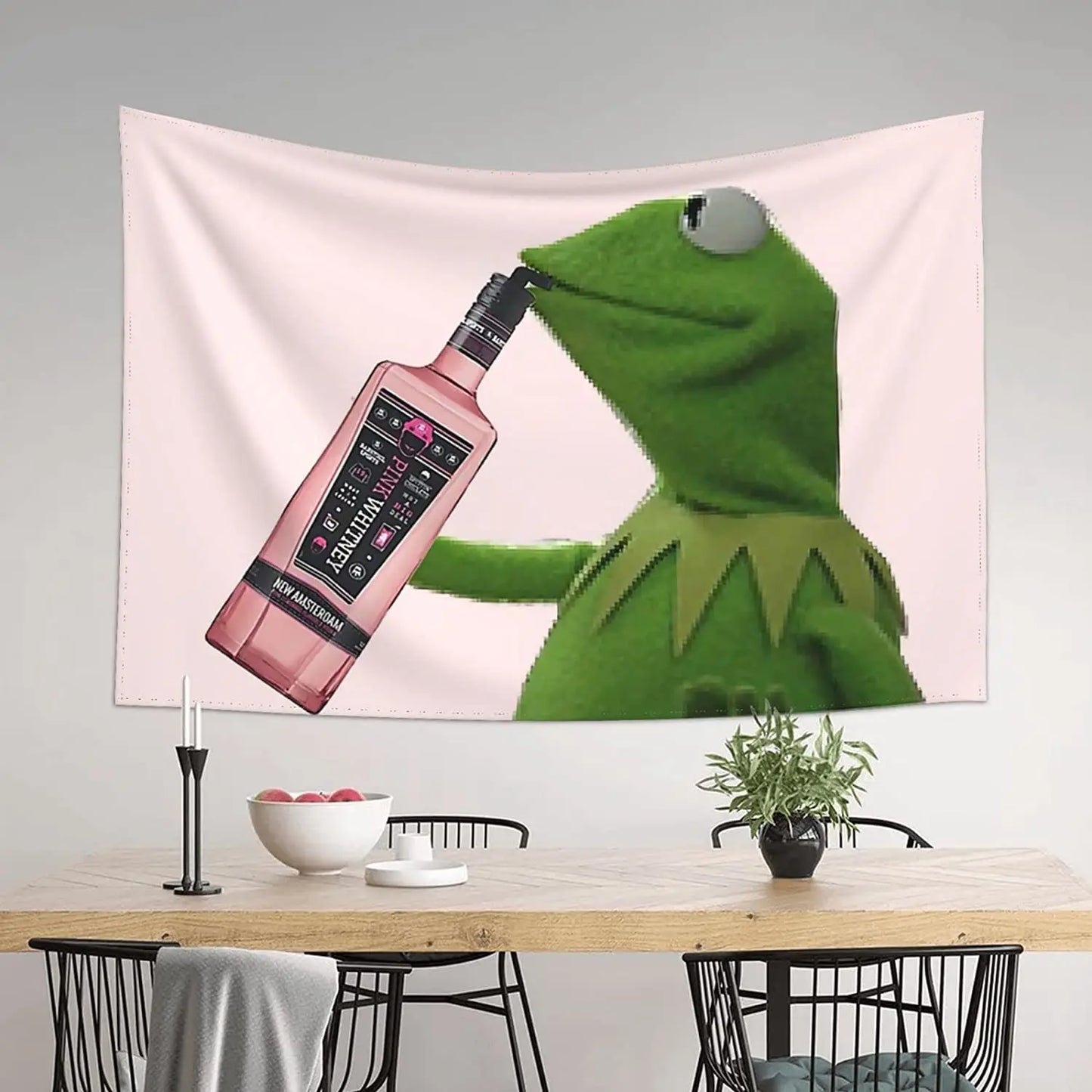 Polyester Pink Background Funny Cartoon Green Kermit The Frog Muppet Holding A Water Bottle Drinking With A Straw Wall Hanging Tapestries