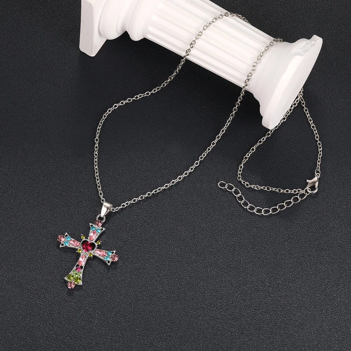 Women Imitation Cross Chain-Link Pendent Colorful Zircon Stone Necklaces/Colors-Multicolor/ Silver
