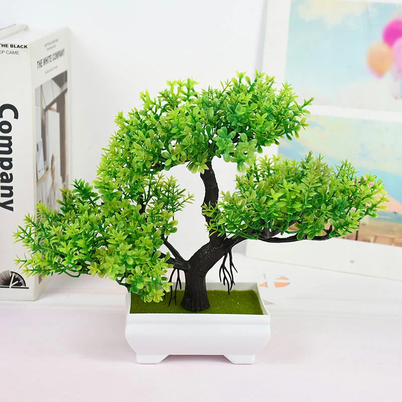 Artificial Small Bonsai Plastic Non-Flowering Plant-Rectangle Flower Pot/Colors-Floral/Green/Black/Pink