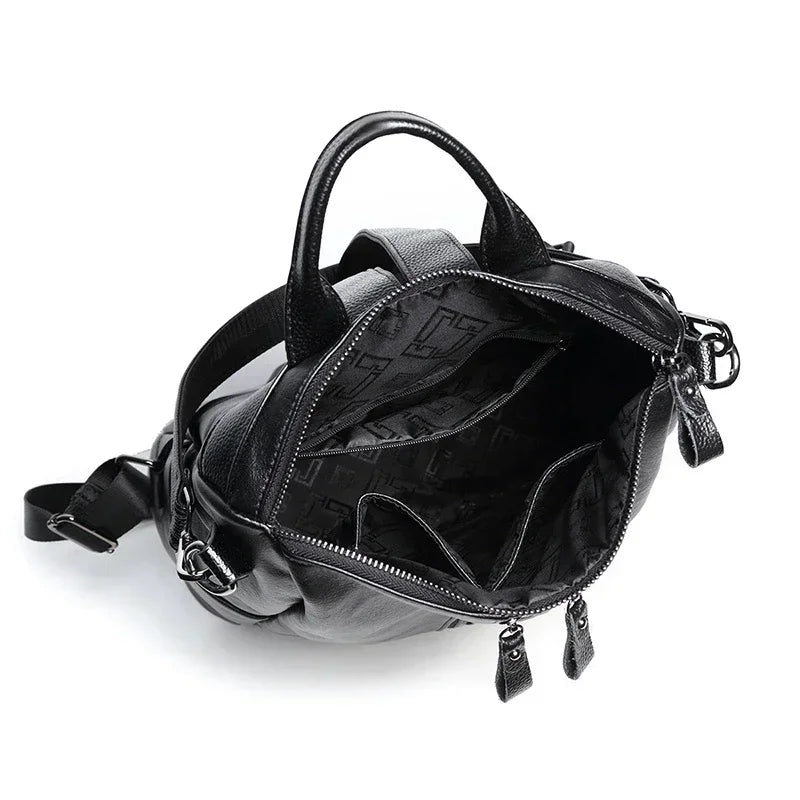 No-EN-Name-Null Women Lightweight Convertible Zippers Soft Black Faux Leather Travel Detachable Shoulder Straps-Two Handles Single 9-7 Inch IPAD Compartment Backpacks