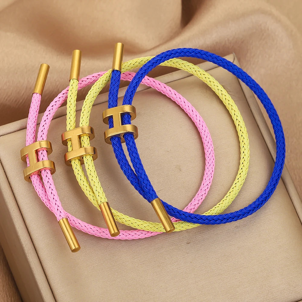 Unisex Round Stainless Steel Adjustable Braided Wire Rope Charm Vacuum Plated 18k Gold Toggle-Clasps Bracelets/Colors-Blue/Pink/Green/Red/Geometric