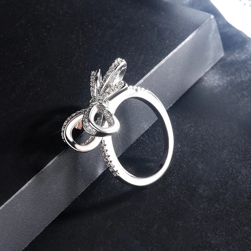 Adult Women Zircon Clear Diamond Stone Sterling Silver Metal Bow Shaped Fine Jewelry Cocktail Design Engagement Rings