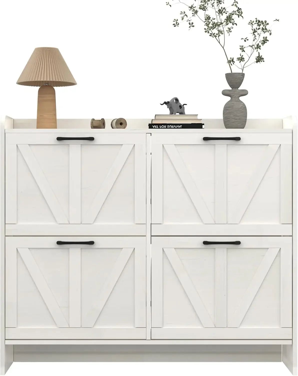 Wood Shoe Cabinet w/ 4 Flip Drawers, Shoe Storage Cabinet for Entryway/Dimensions: 9.3"D x 41.9"W x 35.4"H/Colors- Rustic Brown/ White