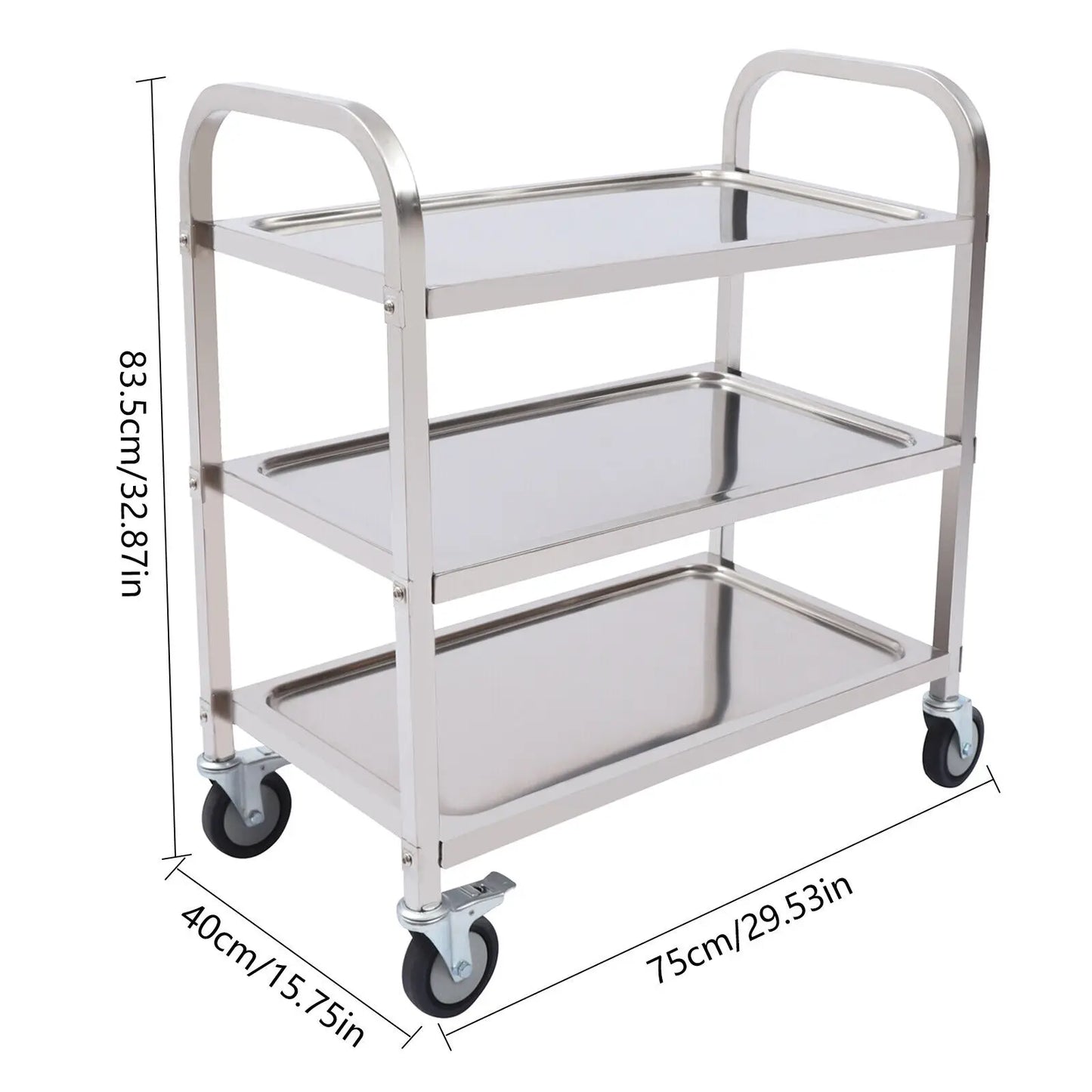 NULL 3 Tiers Stainless Steel Silver Metal Four Wheels Kitchen Carts/ 29.53x15.75 inches/ Load Capacity 20kg/44.09lbs Per Shift