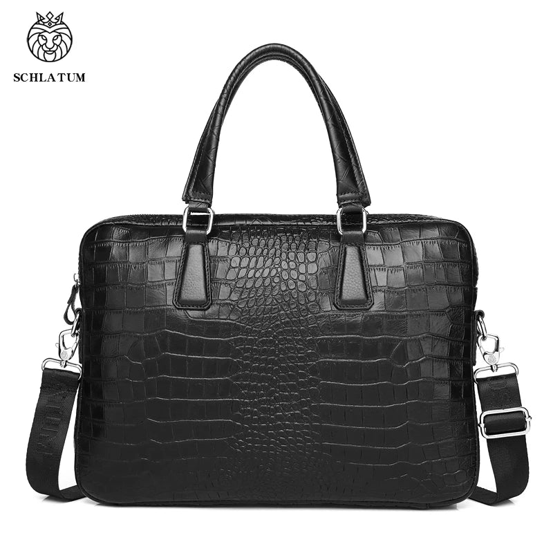 Men Black SCHLATUM Genuine Leather Crocodile Print Hard Briefcases Polyester Bag / 1 Handles/Straps /Fits 13-15.6 Inch Laptop/Built-In Compartment