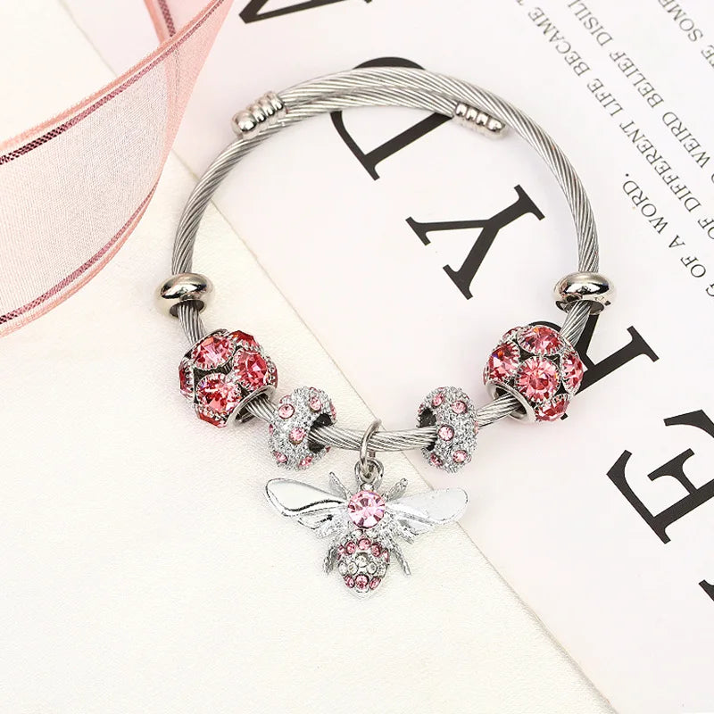 Women Round Titanium Steel Metal Inlay Imitation Crystal Rhinestone Bee Shape Gold-Black Balls Toggle-Clasps Bangle Charm Bracelets/Colors-Gold/Silver/Red/Clear/Pink/Geometric