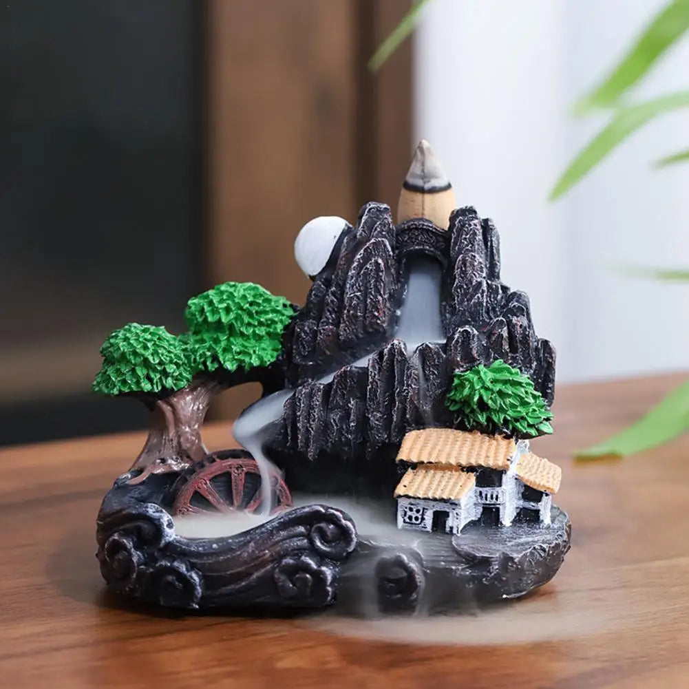 Ceramic Resin Small Village Scene Trees Rocky Mountain Terrain Brown Mill Wheel Realistic Flowing Water Backflow Incense Burner Holders/Colors-Black/Gray/Brown/Green