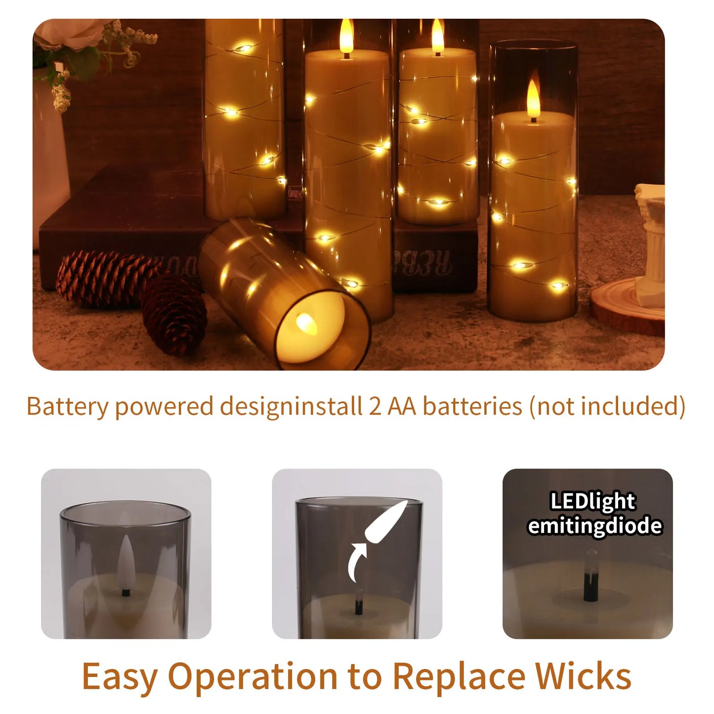 5 PCS Set LED Embedded Star String Detailing Round Pillar Flickering Flameless Candles /Timer Remote/Changeable Wick/Colors-White/Brown/Gray/Orange