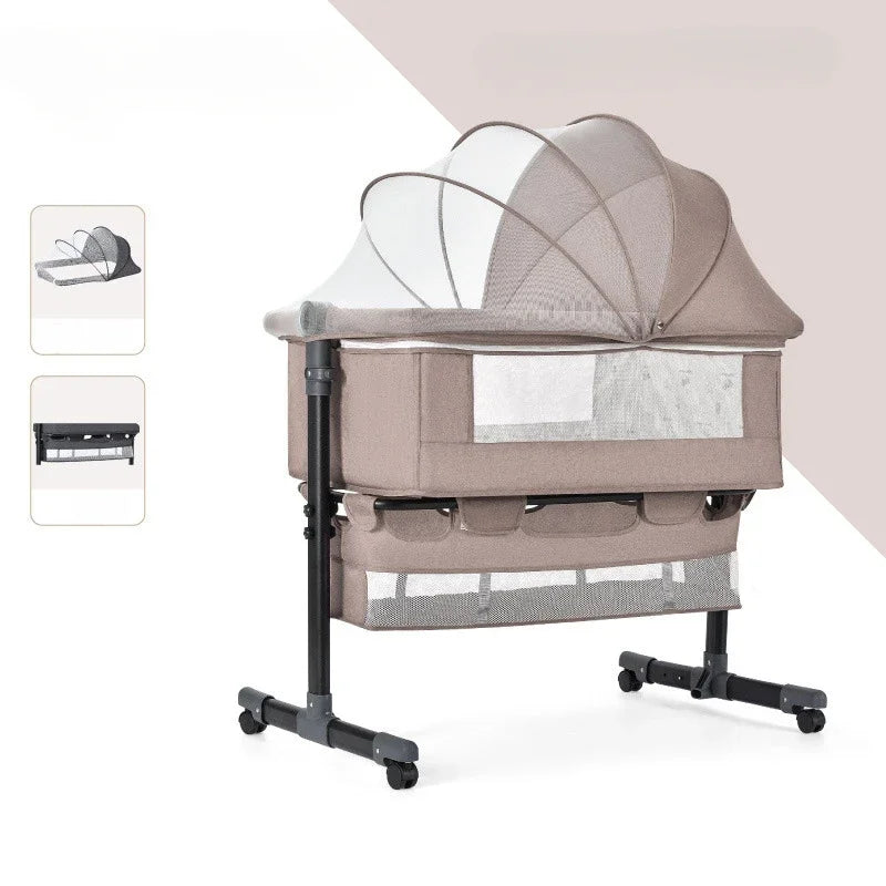 Babies-Toddlers Portable Metal Frame Adjustable Height Button Control Swinging Thick Linen Fabric Meshed Top-Sides Large Bassinet Cradle Beds/Colors-Gray/Beige/Black/White/Brown/Multicolor/Ages: 6 Months-2 Years Old